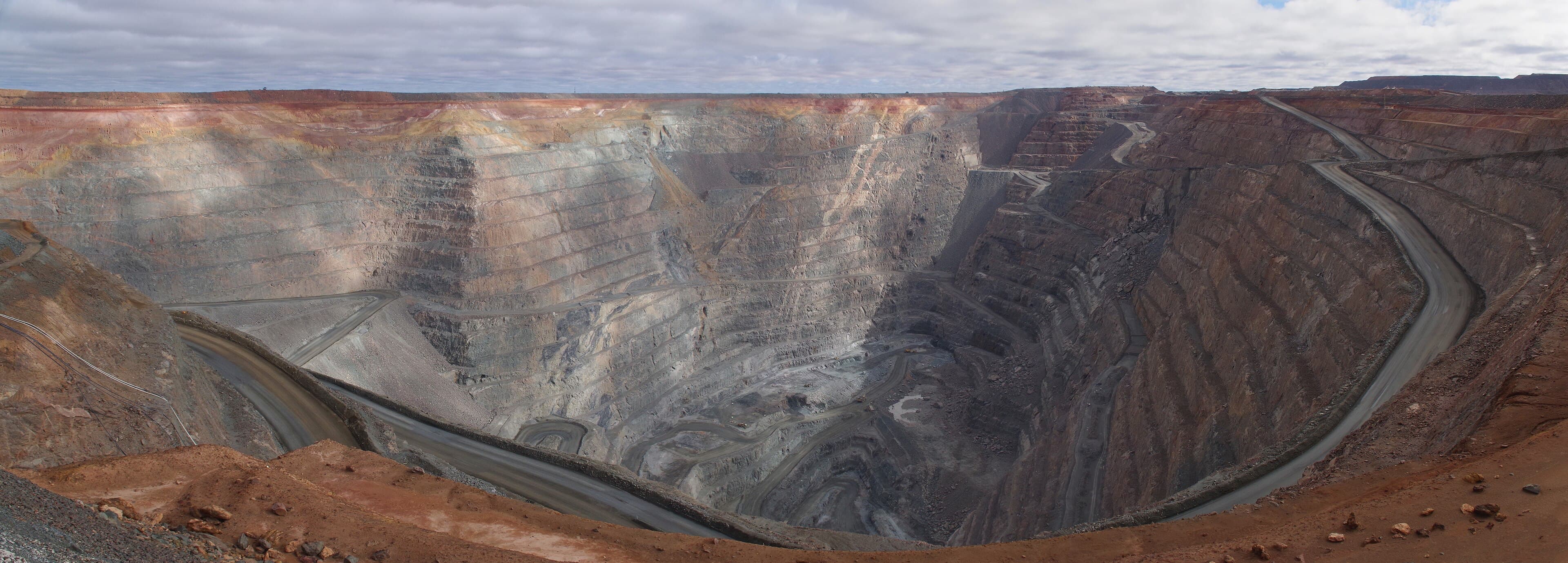 The Fimiston Open Pit (Super Pit) gold mine near Kalgoorlie, Western Australia, showing benched pit walls and haul roads.