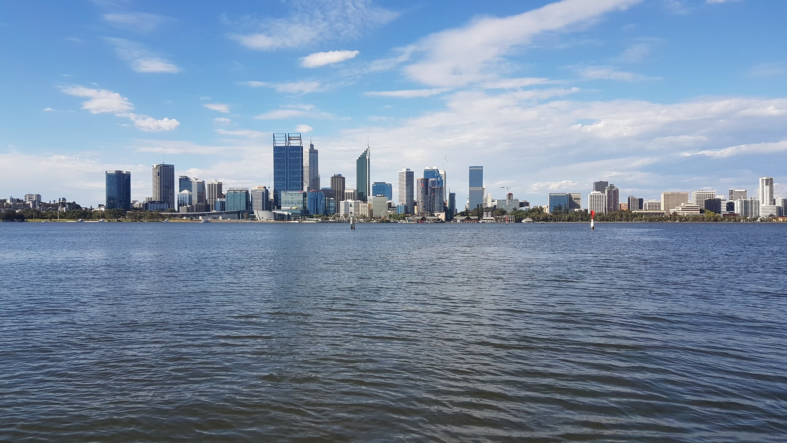 The Perth central business district skyline seen across the Swan River from South Perth, Western Australia.
