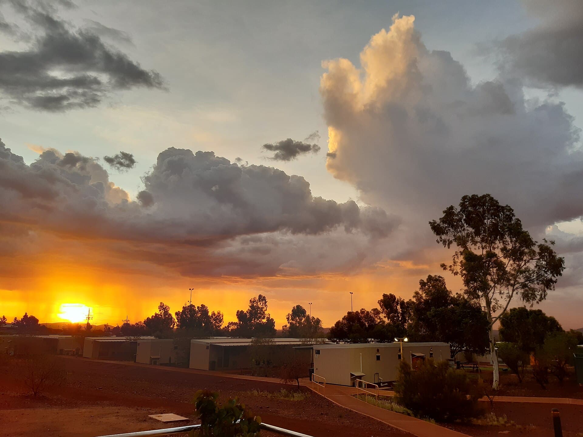 Sunset over accommodation blocks at the Brockman 4 mine village in the Pilbara, Western Australia.